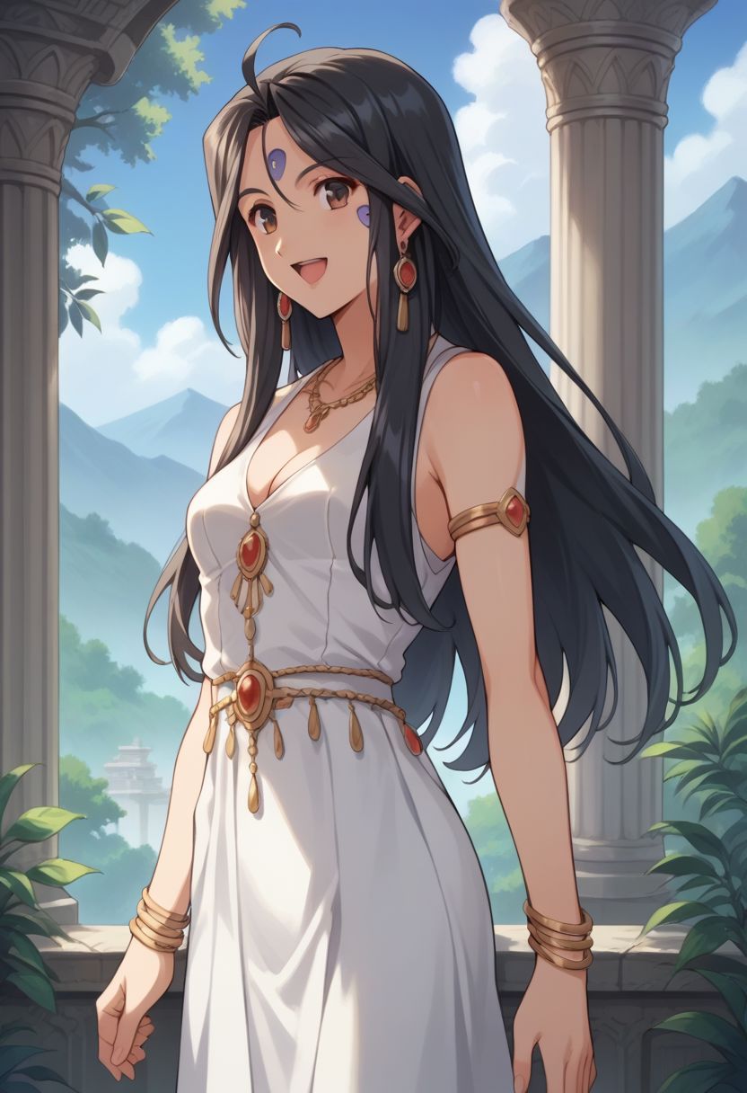 score_9, score_8_up, score_7_up, score_6_up, masterpiece, ultra detailed, best quality, source_anime, BREAK, 1girl, Skuld/(Oh my goddess), smile,  black hair, long hair, small breast, skinny,  opened mouth, white dress with a purple trim,  jewelry, cleavage, sleeveless dress, earrings,  fantasy setting, mountains, outdoors, marble pillars, day, forest, cowboy shot, delicate features
