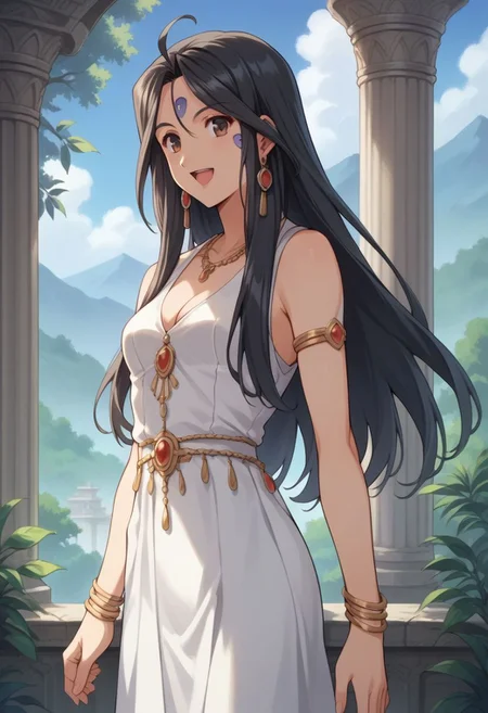 score_9, score_8_up, score_7_up, score_6_up, masterpiece, ultra detailed, best quality, source_anime, BREAK, 1girl, Skuld/(Oh my goddess), smile, black hair, long hair, small breast, skinny, opened mouth, white dress with a purple trim, jewelry, cleavage, sleeveless dress, earrings, fantasy setting, mountains, outdoors, marble pillars, day, forest, cowboy shot, delicate features