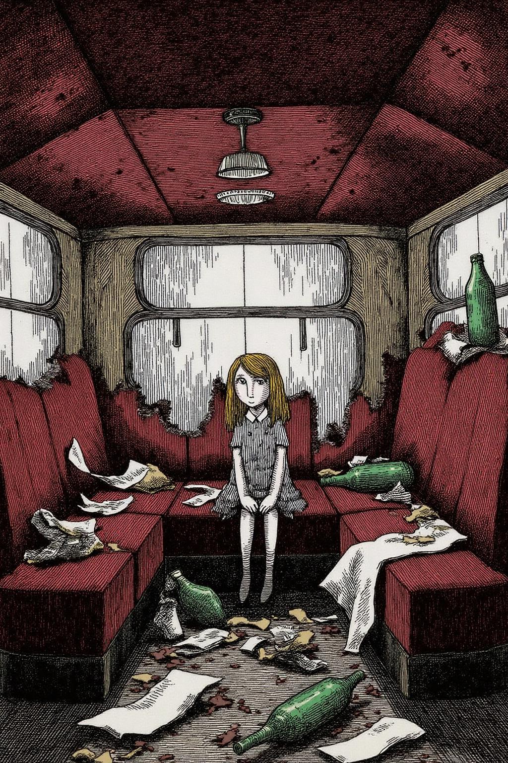 edwardgorey1 illustration.
A girl sitting in a dilapidated train car, The train's red interior is faded and worn, with patches of rust staining the walls and ceiling. Garbage, broken bottles, and scraps of paper litter the floor, adding to the sense of decay. The girl sits on a torn, upholstered bench, her posture thoughtful and melancholic <lora:edwardgorey1_d8a4e11:1.0><lora:868157330540219767:0>