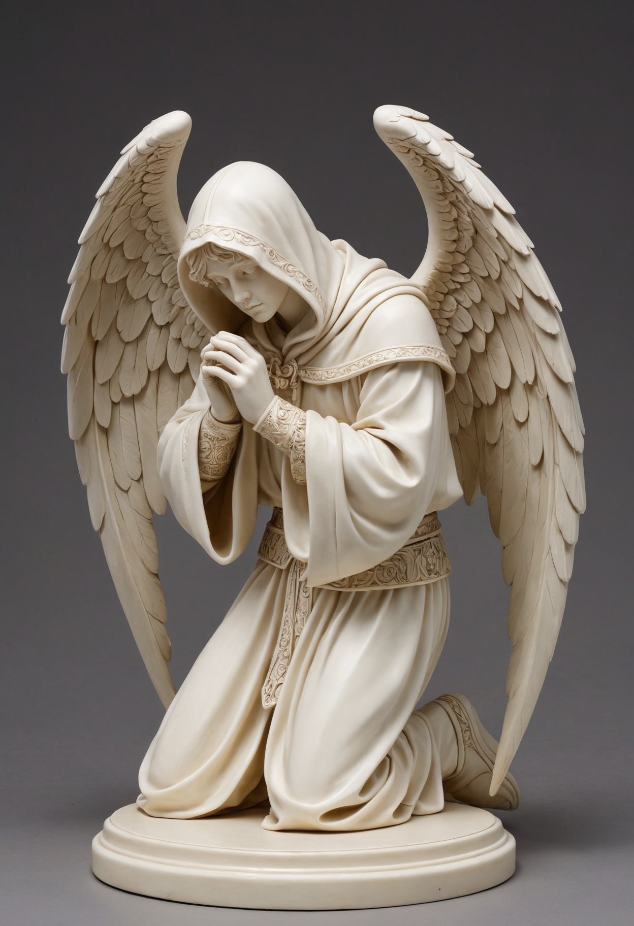 A white figure of an angel in a hood, down on one knee, with one hand resting his fingers on the ground, with the other hand holding the hilt of a sword stuck in the ground. The gaze is directed into the distance. The wings are folded behind the back. The figure is made of white ivory. is placed on a round stand like a chess piece.