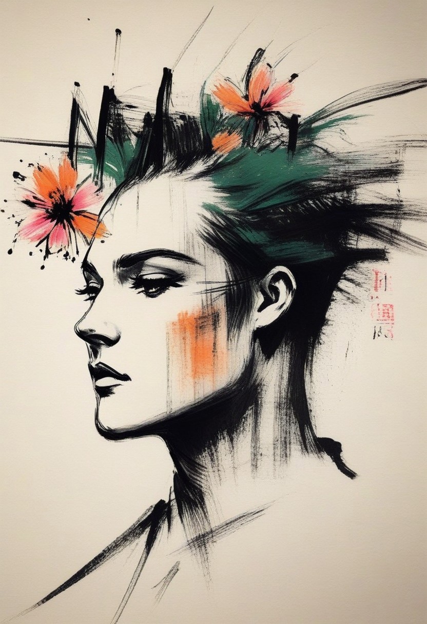 Fashion photography contemporary urban street kimono fashion kimono design by Konoito Ran
 male form male figure young man - with floral designs brushed in sumi ink across his skin deep green dramatic orange gold, slender skinny trendy undercut pink hair long fringe 
 fp1
 Surreal Harmony
novuschroma style
 sumi-e Inkstains
