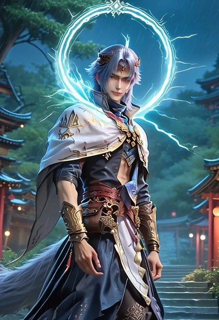 (Masterpiece:1.4), (best quality:1.2), (perfect anatomy), (perfect hands), (perfect face),1boy, solo, full body, LanGe, LanGe_silver-blue-hair, LanGe_long-medium-wavy-hair, LanGe_dark-eyebrows, LanGe_gray-eyes, LanGe_asian-shaped-eyes, animal_ears, fox ears, cute boy, Fox tail, glowing eyes, LanGe_prince-crown, ((LanGe_white-royal-mantle, LanGe_golden-royal-mantle-brooch)), black_gloves, beaded bracelet, backlit character, looking at viewer, smiling, closed mouth, half smile, thin waist, large chest, prominent pecs, BREAK,
shrine, japanese shrine, bamboo trees, night, nighttime, raining, heavy rain, light rays, light circle behind the character, low light, dark, blue fire wisp, gas body, paved path, moss, extreme detail, detailed scenery, detailed background,