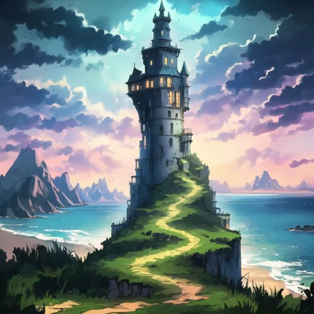 building, city, cloud, cloudy sky, horizon, mountain, night, no humans, ocean, outdoors, scenery, sky, star \(sky\), tower <lora:Wizard_Tower:1>, witow