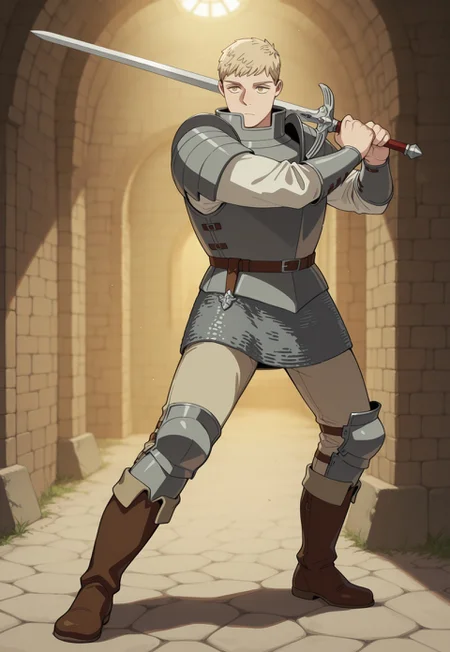 safe_pos, masterpiece, best quality, amazing quality, very aesthetic, absurdres, Dunmeshi_Laios,
1boy, solo, male focus, blonde hair, short hair, yellow eyes, armor, gorget, pauldrons, cuirass, white shirt, arm guards, brown belt, chainmail, beige pants, knee guards, brown boots, holding sword, full body, dynamic pose, perspective