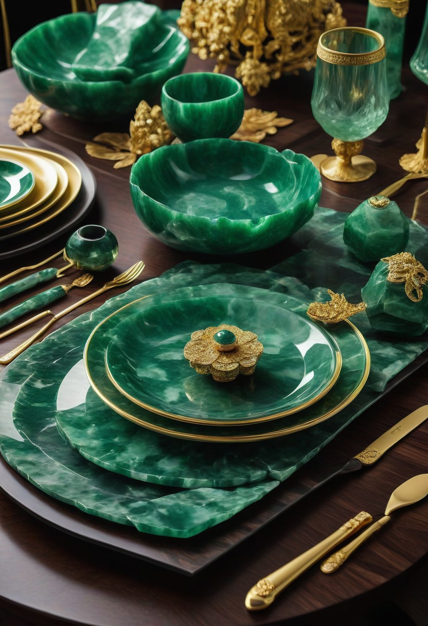 made from jade and obsidian, jade, obsidian,score_9, score_8_up, score_7_up, expensive looking,dining table, noble cutlery, gold, crystal