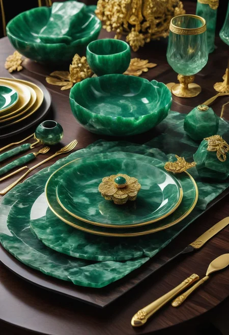 made from jade and obsidian, jade, obsidian,score_9, score_8_up, score_7_up, expensive looking,dining table, noble cutlery, gold, crystal