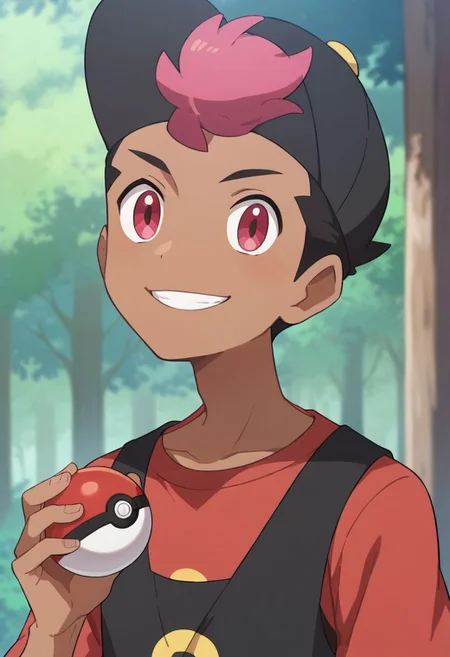 score_9, score_8_up, score_7_up, 1boy, solo, roy_anipoke, duotone hair, dark cap, black and pink hair, pink eyes, brown skin, black vest, red shirt, holding pokeball, smile, looking at viewer, forest