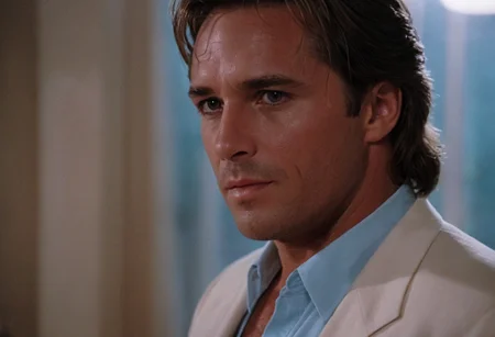 cinematic film still Sonny Crockett, MiamiVice, indoors, closeup . shallow depth of field, vignette, highly detailed, high budget, bokeh, cinemascope, moody, epic, gorgeous, film grain, grainy