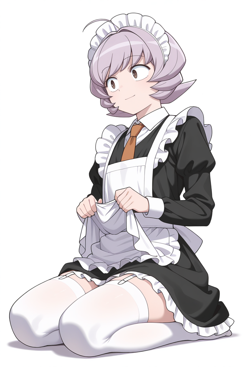 Smooth Quality,masterpiece,very intricate, high quality details, ultra realistic, high detailed skin,detailed enviorement,
simple background, white background, light smile,
seiza, solo, shirt lift, 
 <lora:Osana_Najimi_cnn:0.8> osananajimicnn, 1other,short hair, brown eyes,androgynous, light purple hair, necktie,maid headdress,maid apron,white apron, white thighhighs, long sleeves,enmaided, garter straps,