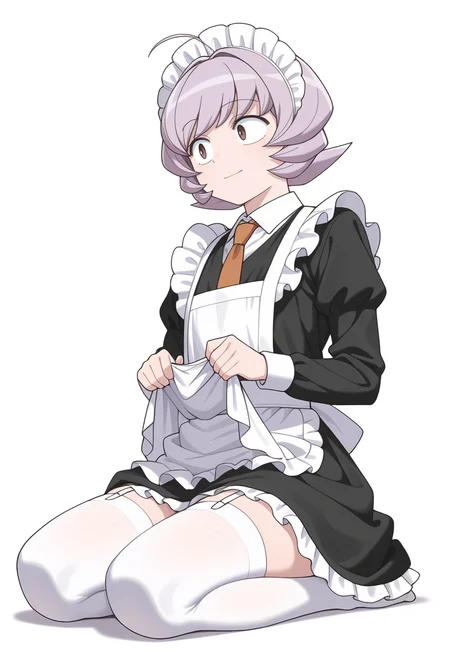 Smooth Quality,masterpiece,very intricate, high quality details, ultra realistic, high detailed skin,detailed enviorement,
simple background, white background, light smile,
seiza, solo, shirt lift, 
 <lora:Osana_Najimi_cnn:0.8> osananajimicnn, 1other,short hair, brown eyes,androgynous, light purple hair, necktie,maid headdress,maid apron,white apron, white thighhighs, long sleeves,enmaided, garter straps,