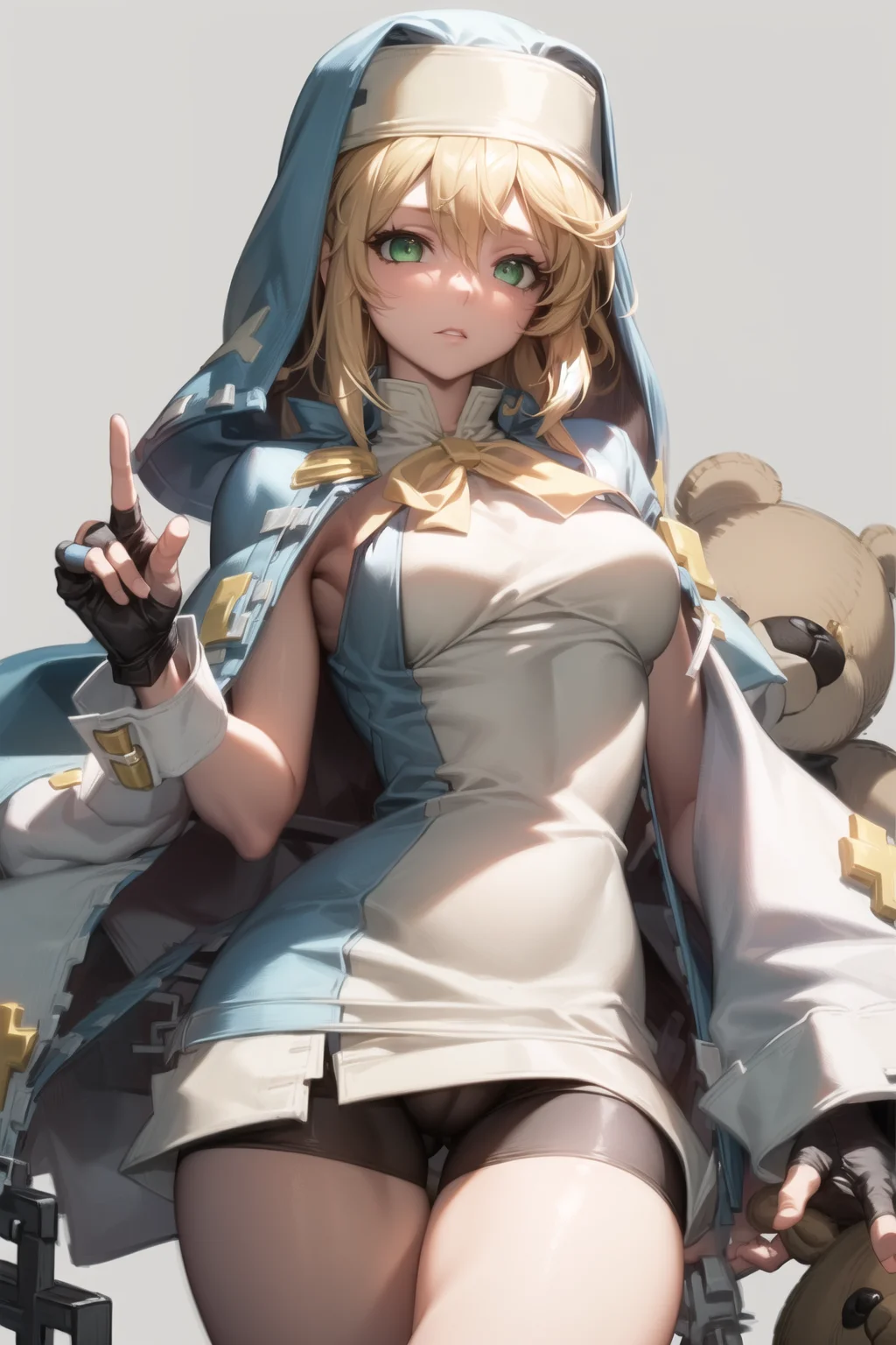 ((masterpiece)), (best quality), (detailed), (1 girl),<lora:WomanNun:1>,bridget \(guilty gear\),blonde hair,fingerless gloves,green eyes,teddy bear,bike shorts