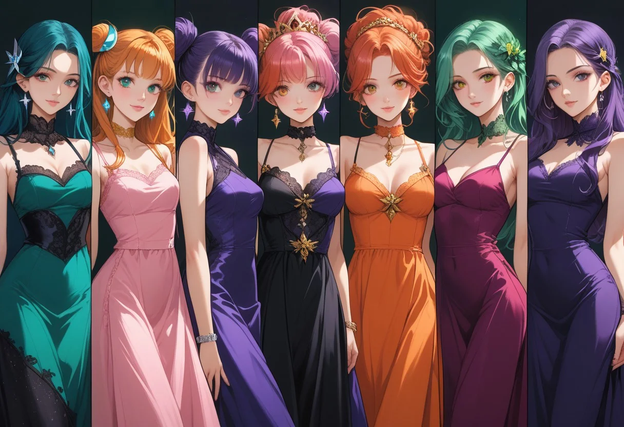 score_9, score_8_up, score_7_up,
source_anime, deep colors,
high quality, high resolution, detailed, highres, highly detailed, intricate details, beautiful eyes,
BREAK
multiple girl, magical girls, 5 girls, 5girls,
red hair, pink hair, orange hair, yellow hair, green hair, cyan hair, blue hair, purple hair, violet hair, black hair,
red dress, pink dress, orange dress, yellow dress, green dress, cyan dress, blue dress, purple dress, violet dress, black dress,