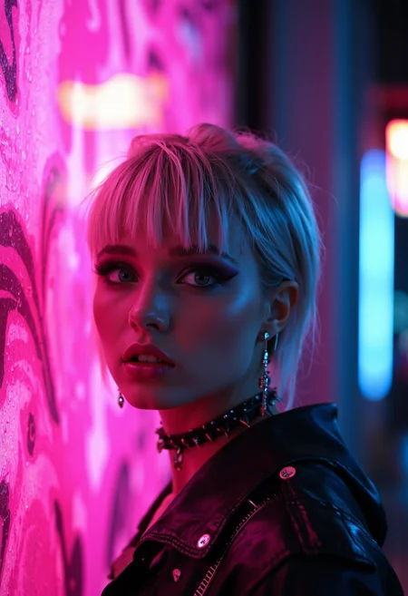 neon noir A photographic blend of two images:
1) A stylized portrait of a young woman with striking makeup, including black eyeliner, dramatic dark lips, and smoky gray eyeshadow, contrasted against a vibrant pink background. Her hair is dyed in shades of silver, giving her an edgy, futuristic look. She wears a black choker adorned with spikes and sports a pair of statement earrings. Her gaze exudes confidence and her expression is one of intense focus.
2) An artistic rendering of a neon-lit abstract surface that appears to be in motion or melting, creating a dynamic visual effect. The colors are bright and saturated, with the dominant hues being pink, purple, and blue, which together form a gradient background.
Combining these two images into one creates a photorealistic, high-resolution image that seamlessly transitions from a realistic portrait to an abstract neon dreamscape. The composition is balanced, with the subject on the left side providing a strong focal point against the more abstract and colorful background. Depth of field blurs the subject's body to focus on her face, while the background remains in sharp detail to draw attention to its vibrant energy.
The lighting is dramatic, with a soft, diffused light source creating gentle shadows on the subject and enhancing the neon effect in the abstract section. The mood of the image is surreal and dreamlike, invoking feelings of freedom, self-expression, and the blending of reality with imagination. . cyberpunk, dark, rainy streets, neon signs, high contrast, low light, vibrant, highly detailed