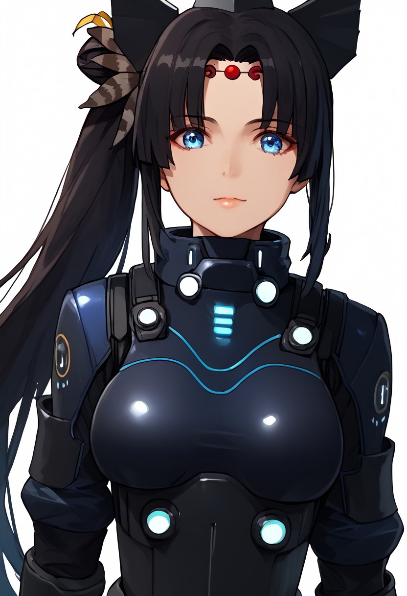 1girl, black hair, very long hair, blue eyes, hair bun, side ponytail, circlet, hair ornament, head wings, feathers, leotard, mecha, high collar, power suit, mechanical gloves, Mechanical Boots, Head-Mounted Display, simple background, white background, <lora:Mashu:1> contraposto, cowboy shot  <lora:Ushiwaka:1>, score_9, score_8_up, score_7_up, score_6_up, score_5_up, score_4_up, BREAK source_anime, masterpiece, upper body, zoom out, looking at viewer, black inner clothes, mature, black inner pants,