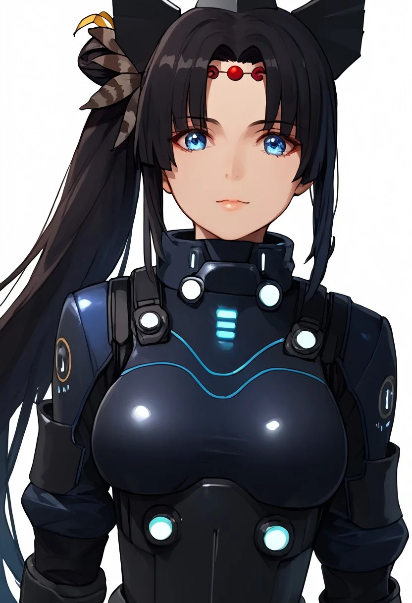 1girl, black hair, very long hair, blue eyes, hair bun, side ponytail, circlet, hair ornament, head wings, feathers, leotard, mecha, high collar, power suit, mechanical gloves, Mechanical Boots, Head-Mounted Display, simple background, white background, <lora:Mashu:1> contraposto, cowboy shot  <lora:Ushiwaka:1>, score_9, score_8_up, score_7_up, score_6_up, score_5_up, score_4_up, BREAK source_anime, masterpiece, upper body, zoom out, looking at viewer, black inner clothes, mature, black inner pants,