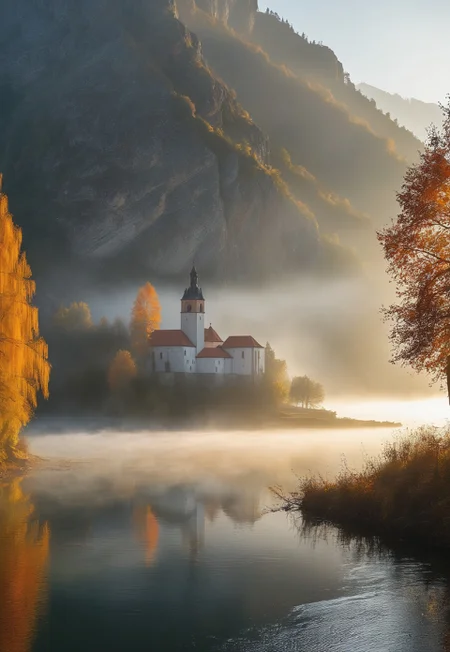a small medieval monastery standing on a small island in a mountain lake,
early morning, thick fog envelops island, bright orange sun-ray falling on monastery wall,
BREAK,
BEST QUALITY, MASTERPIECE, HIGHLY-DETAILED, HIGH-RES, 4K, 8K, RAW,
SHARP FOCUS, INTRICATE DETAILS,
 (8k uhd:1,4)
 <lora:add-detail-xl:1>
 <lora:Dynamic Poses:1>