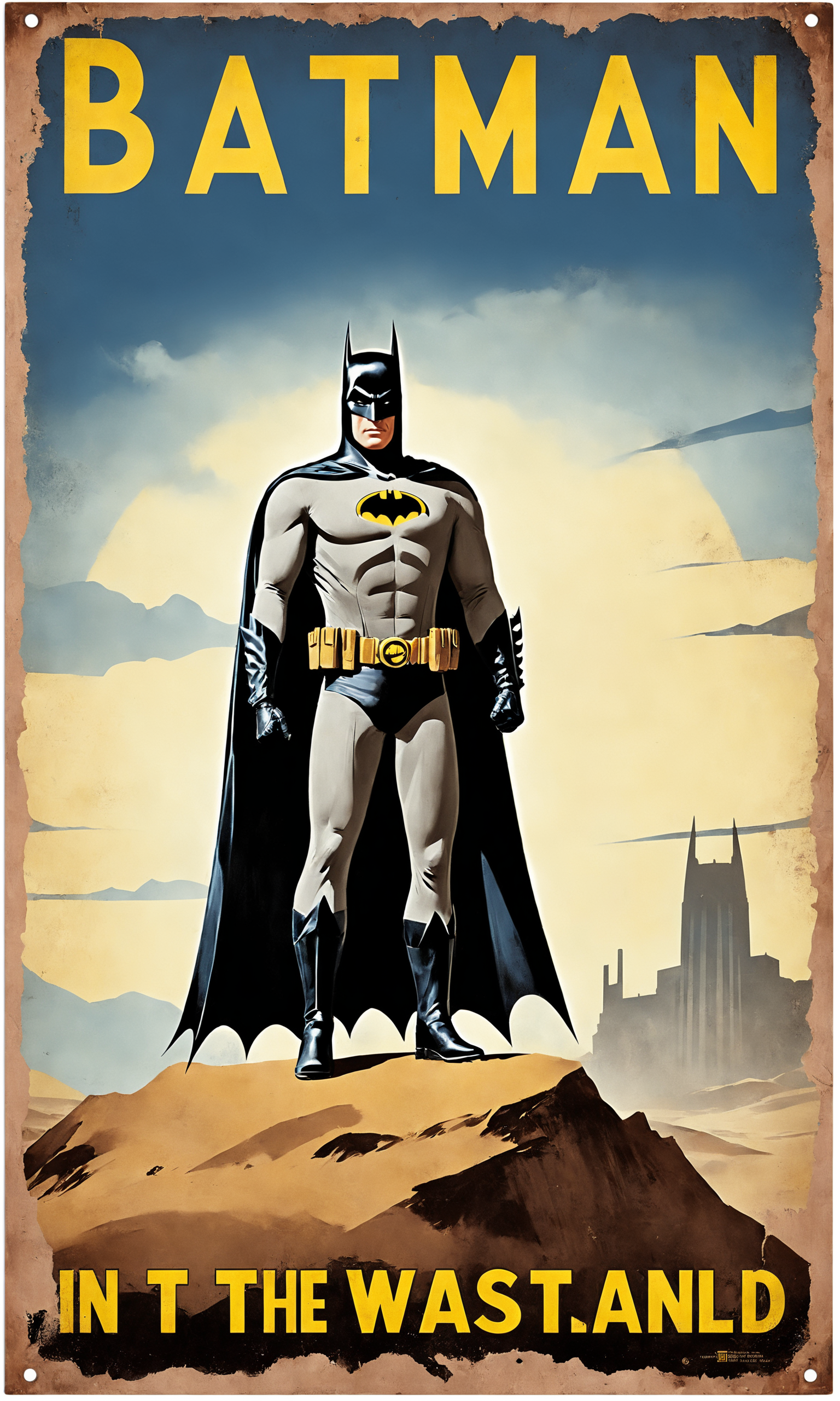 text "batman", poster of batman in the wasteland, falloutpostsdxl,<lora:falloutpostsdxl:0.8>, 1960s \(style\), classic ad,