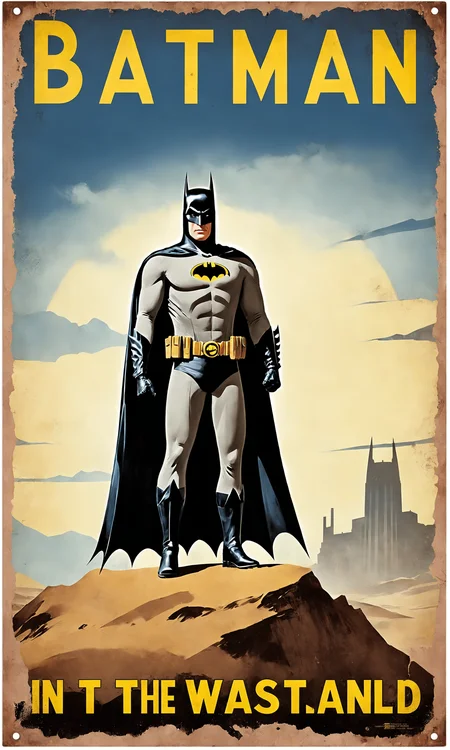 text "batman", poster of batman in the wasteland, falloutpostsdxl,<lora:falloutpostsdxl:0.8>, 1960s \(style\), classic ad,