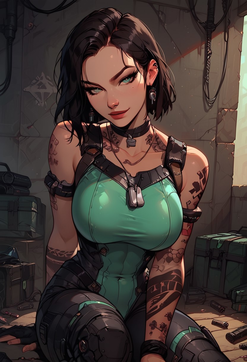 Score_9, Score8_up, Score_7_up, (((High Resolution, Best Quality))), 
1girl, solo, toned arms, sleeveless, Covered in Tattoos, neck tattoos, hair tied up, black hair, green stripe in hair,
futuristic, futuristic armor, neon green lights on bodysuit, armored suit, body armor, armor, plated armor, revealing bodysuit, tight bodysuit, tactical, military gear, toxic canisters, toxic chemicals, poision vials, 
large breasts, choker, dog tags, ear piece, 
seducing, seductive, flirty, tender, loving, playful, looking at viewer, smug, 
Sitting on ground, leaning against wall, relaxed, leaning back, arm resting on knees, arm on knee, playing with hair, 
inside, Military, military base, military barracks, cots, crates, military boxes, guns, bullets, supplies, armory,