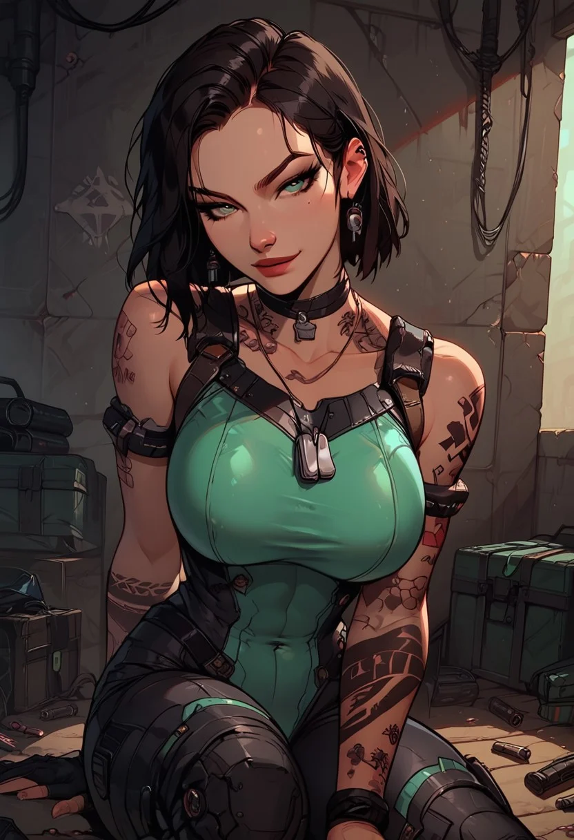 Score_9, Score8_up, Score_7_up, (((High Resolution, Best Quality))),
1girl, solo, toned arms, sleeveless, Covered in Tattoos, neck tattoos, hair tied up, black hair, green stripe in hair,
futuristic, futuristic armor, neon green lights on bodysuit, armored suit, body armor, armor, plated armor, revealing bodysuit, tight bodysuit, tactical, military gear, toxic canisters, toxic chemicals, poision vials,
large breasts, choker, dog tags, ear piece,
seducing, seductive, flirty, tender, loving, playful, looking at viewer, smug,
Sitting on ground, leaning against wall, relaxed, leaning back, arm resting on knees, arm on knee, playing with hair,
inside, Military, military base, military barracks, cots, crates, military boxes, guns, bullets, supplies, armory,