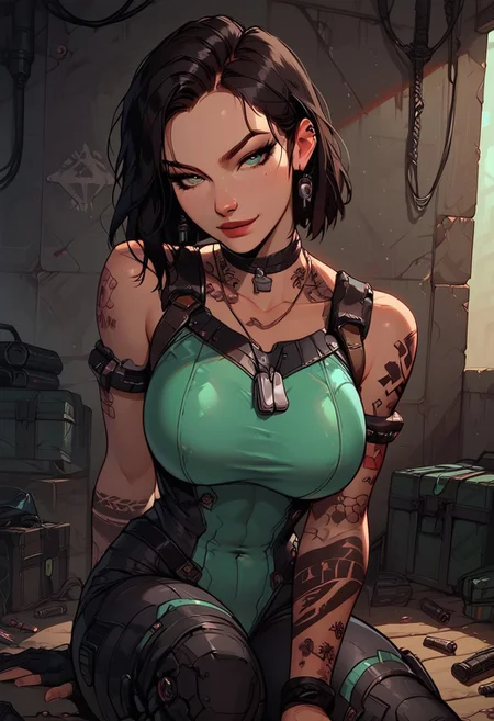 Score_9, Score8_up, Score_7_up, (((High Resolution, Best Quality))), 
1girl, solo, toned arms, sleeveless, Covered in Tattoos, neck tattoos, hair tied up, black hair, green stripe in hair,
futuristic, futuristic armor, neon green lights on bodysuit, armored suit, body armor, armor, plated armor, revealing bodysuit, tight bodysuit, tactical, military gear, toxic canisters, toxic chemicals, poision vials, 
large breasts, choker, dog tags, ear piece, 
seducing, seductive, flirty, tender, loving, playful, looking at viewer, smug, 
Sitting on ground, leaning against wall, relaxed, leaning back, arm resting on knees, arm on knee, playing with hair, 
inside, Military, military base, military barracks, cots, crates, military boxes, guns, bullets, supplies, armory,
