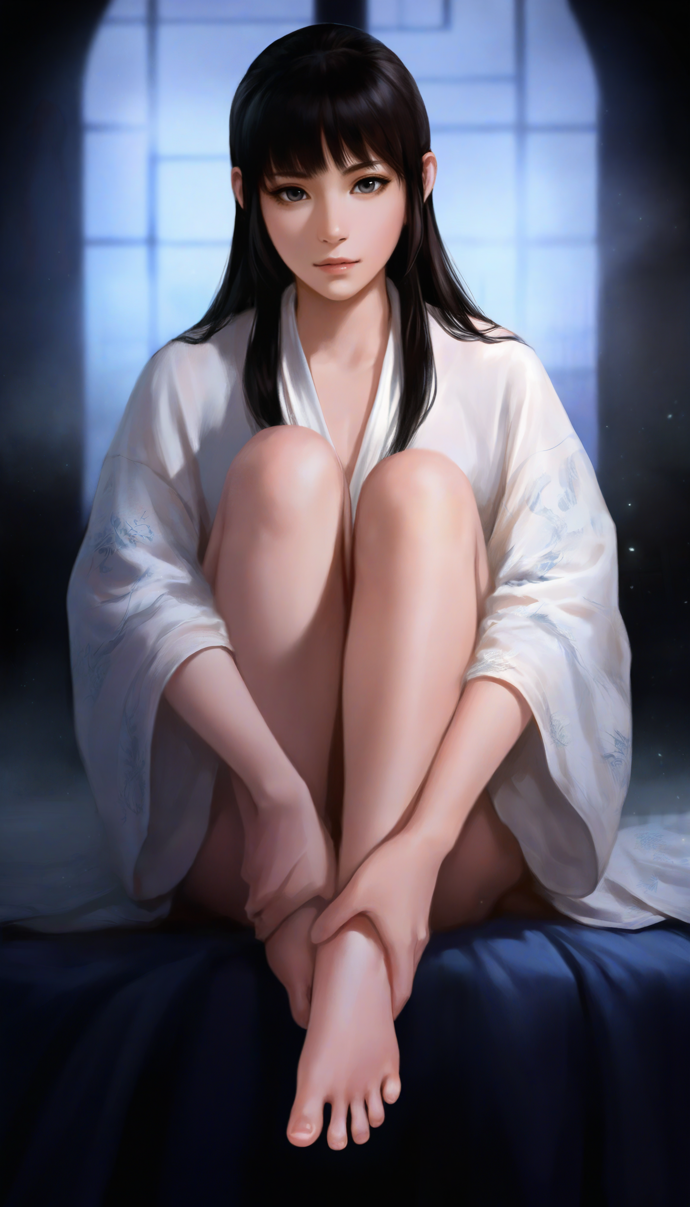 masterpiece,best quality,amazing quality,
<lora:wangyuanjiNAI:1>,wangyuanji,
realistic,
1girl,solo,black hair,blunt bangs,low long hair,grey eyes,
white robe,barefoot,
sitting,looking at viewer,hugging legs,front view,(holding foot:1.2),spread toes,
window,indoors,bed,
soft lighting,depth of field,light particles,fog,