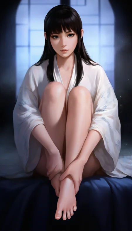 masterpiece,best quality,amazing quality,
<lora:wangyuanjiNAI:1>,wangyuanji,
realistic,
1girl,solo,black hair,blunt bangs,low long hair,grey eyes,
white robe,barefoot,
sitting,looking at viewer,hugging legs,front view,(holding foot:1.2),spread toes,
window,indoors,bed,
soft lighting,depth of field,light particles,fog,