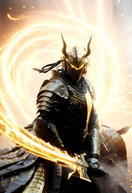 1man, armored samurai in golden samurai armor, wearing samurai helmet and armor, golden fire, wielding dual swords:1.2, brave perspective, reflection, glowing golden fire, golden lightning shatter, , glowing sword, motion blur, emphasis line, outdoor in the darkness, looking at viewer, katanas