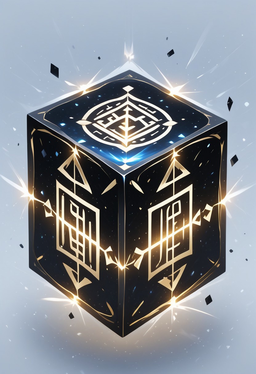 (masterpiece), best quality, Anime, Illustration, (Floating Cube, Crystal, Magic, Reflection), White Background, No Humans, Starry Theme, (Ancient Runes, Glowing Runes, Light Refraction), Black and Gold Theme, Natural Lighting, Verynsty