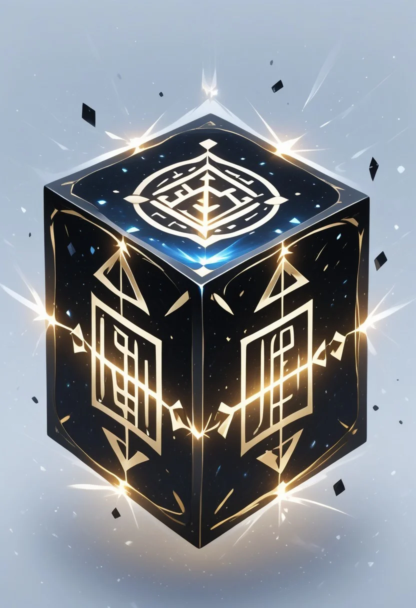 (masterpiece), best quality, Anime, Illustration, (Floating Cube, Crystal, Magic, Reflection), White Background, No Humans, Starry Theme, (Ancient Runes, Glowing Runes, Light Refraction), Black and Gold Theme, Natural Lighting, Verynsty