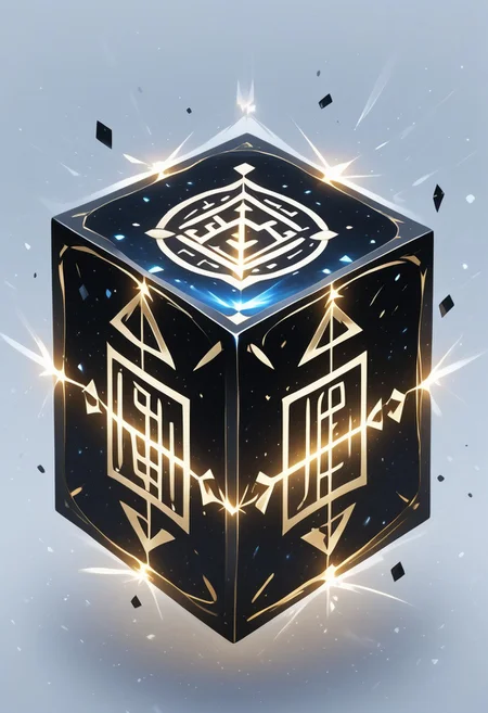 (masterpiece), best quality, Anime, Illustration, (Floating Cube, Crystal, Magic, Reflection), White Background, No Humans, Starry Theme, (Ancient Runes, Glowing Runes, Light Refraction), Black and Gold Theme, Natural Lighting, Verynsty