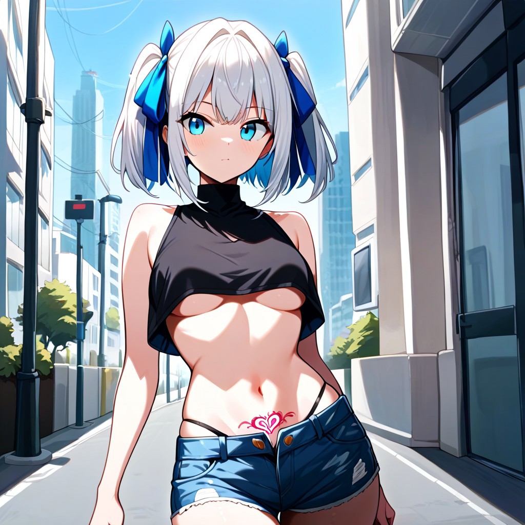 score_9, score_8_up, score_7_up, 1la, black sleeveless crop top, denim shorts, blue ribbons, womb tattoo, walking in new york, new york, broadway, source_anime, ntm,