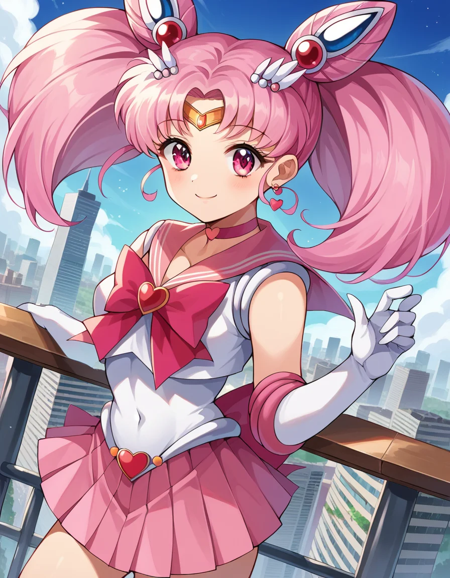 score_9, score_8_up, score_7_up, source_anime,
sailormoonchibi, <lora:sailor-moon-chibi-ponyxl-lora-nochekaiser:1>
sailor moon chibi, cone hair bun, double bun, hair bun, hair ornament, pink eyes, pink hair, short hair, twintails, circlet, parted bangs, smile,
bow, brooch, choker, earrings, elbow gloves, gloves, heart, heart brooch, magical girl, pink bow, pink choker, pink sailor collar, pink skirt, pleated skirt, sailor collar, sailor senshi uniform, skirt, stud earrings, white gloves,
outdoors, cityscape,
looking at viewer, dutch angle, cowboy shot