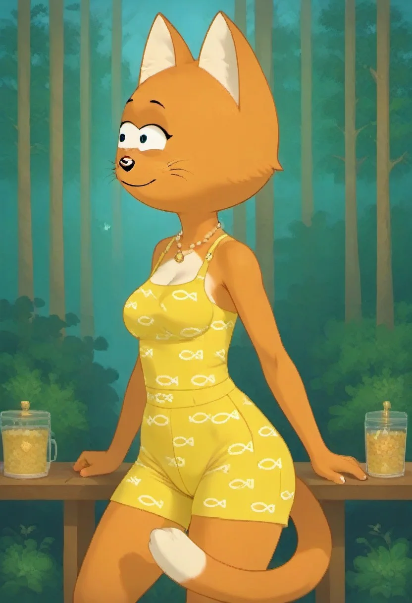 score_7, score_8, score_9, dynamic lighting, detailed background
outdoors, forest
BREAK Solo, 1girl, furry female, female cat, slender waist, narrow waist, wide hips, medium breasts, long torso, long legs, curvy legs, big hips, hourglass figure, thick thighs, animal ears, animal nose, BREAK
short top, shorts, looking around, smile