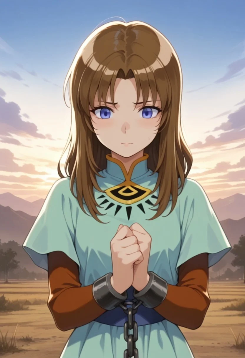 masterpiece,best quality,amazing quality,yakumo tatsuro, long hair, brown hair, blue eyes, solo, 1girl, chain, sky, long sleeves