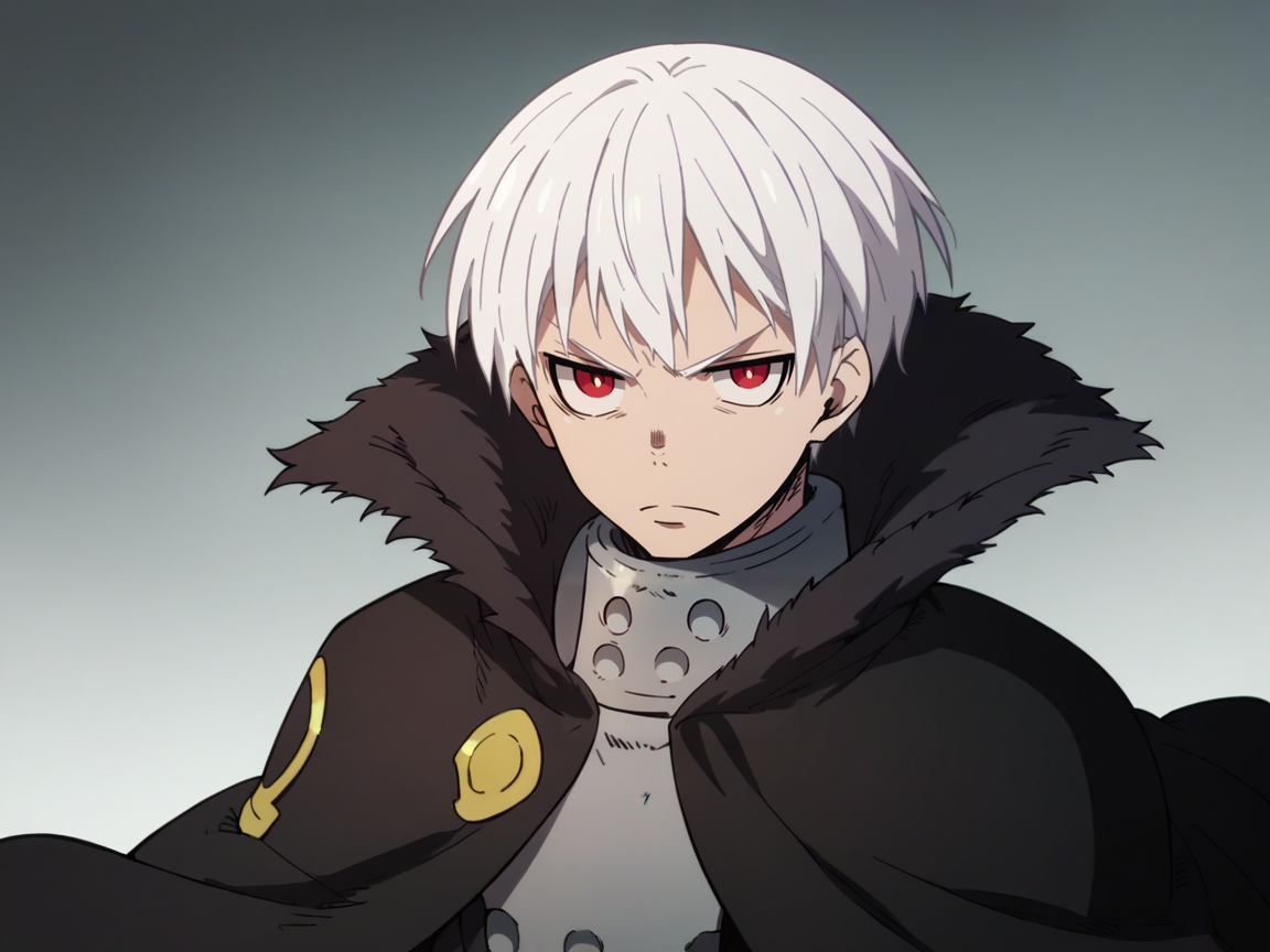 score_9, score_8_up, score_7_up, score_6_up, score_5_up, <lora:fforceXLP:1> fforce, solo, 1boy, male focus, white hair, upper body, red eyes, looking at viewer, cape, short hair