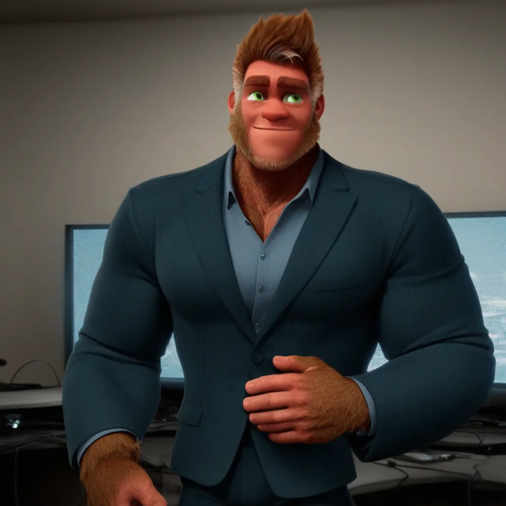 bigfoot, hairy, tall, muscular, bara, handsome, highly detailed, green eyes, wearing suit, in a tv studio, brown fur, solo, alone, slight smile