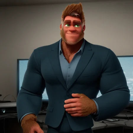 bigfoot, hairy, tall, muscular, bara, handsome, highly detailed, green eyes, wearing suit, in a tv studio, brown fur, solo, alone, slight smile
