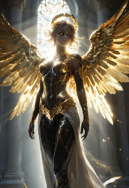score_9, score_8_up, score_7_up, score_6_up, angel girl with gold hair and gold wings, Sculpt, sculpture style,black marble skin,colored gold sclera,glowing, full figure, volumetric lighting, god rays, hyperreal,
