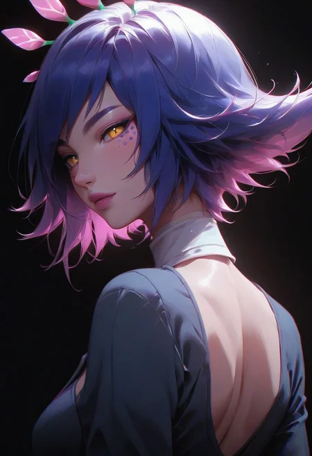 Neeko
,score_9, score_8_up, score_7_up, rating_safe,girl,seductive, cool, perfect body,Tilt head,2.5d,ornament,narrow waist,big breasts,short hair,pixie cut,large breasts,arching back,serious,yellow eyes,Vertical slit pupils,
HI-res,masterpiece,black suit with shirt and slack,handsome appearance ,black neckties,Tomgirl ,back view,back,
simple background ,black background