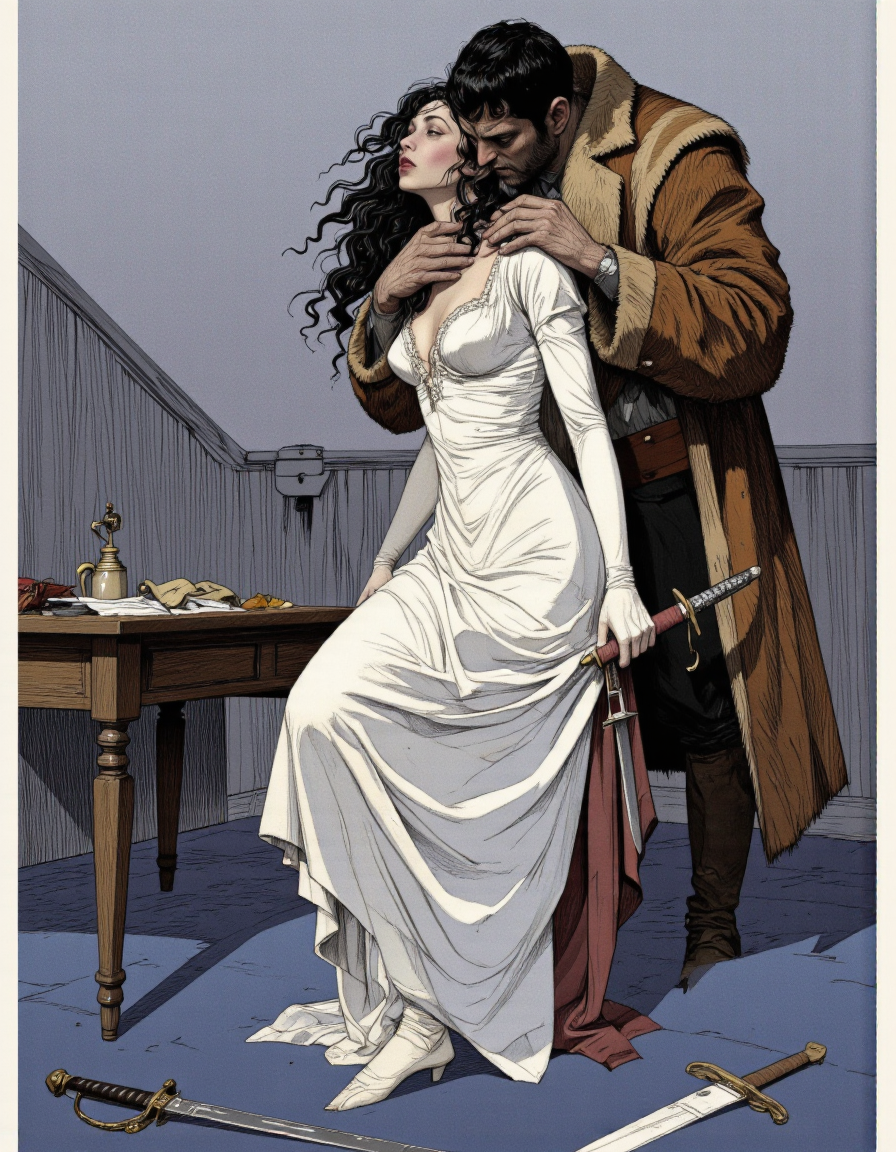 Art by Paco Gimenez. A dramatic and unsettling cartoon depicting a woman in a long white dress being held by a man with a muscular build. the woman, who appears to be in her mid-twenties, has long, curly black hair and a distressed expression on her face. she is positioned on the right side of the image, facing away from the viewer, with her upper body visible. the man, who is standing on the left side, is gripping the woman's neck with his hands, and his face is filled with fear. he is wearing a brown fur coat and holding a sword in his right hand. the background is a simple gradient of light blue to gray, and the scene is set in a dimly lit room with a wooden table and a pair of swords on the floor, creating a sense of tension and foreboding.