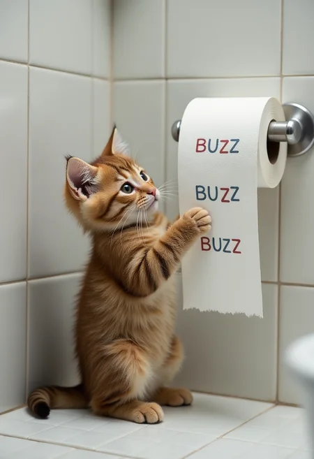 a kitten in a bathroom playing with a roll of toilet paper in a holder on the wall, each sheet of paper says "BUZZ" on it in block characters, <lora:Hyper-FLUX.1-dev-8steps-lora:0.13>