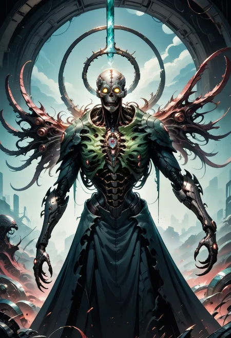 score_9, score_8_up, score_7_up, score_6_up, score_5_up, cyborg, cyberpunk, biomechanical, fleshmutant, cybermutant, science fiction, mechanical parts, A towering celestial entity of biomechanical design, both divine and nightmarish in form. Countless metallic wings, layered like blades of a great machine, extend from its back in a shifting halo of luminous, golden-steel feathers, each one inscribed with ever-changing scripture. A writhing mass of interlocking rings and shifting, eye-covered plates forms its core, spinning in synchronized, unsettling perfection. Every eye glows with an otherworldly radiance, unblinking and omniscient, their gaze piercing through the soul. Tubes and sinewy cables weave through its body, pulsing with strange, ethereal fluids, sustaining its impossible existence between flesh and divine machinery. Its voice is a chorus of overlapping frequencies, both holy and inhuman, resonating with commands that shake reality itself. Beneath its many wings, glimpses of elongated limbs—part organic, part metallic—move with eerie precision, each finger tipped with delicate, needle-like extensions. The presence of the entity is overwhelming, evoking awe and terror, as if reality itself strains to comprehend its form. The backdrop is a sky torn apart by radiant fractal light, where the fabric of existence bends in reverence to its impossible holiness.
