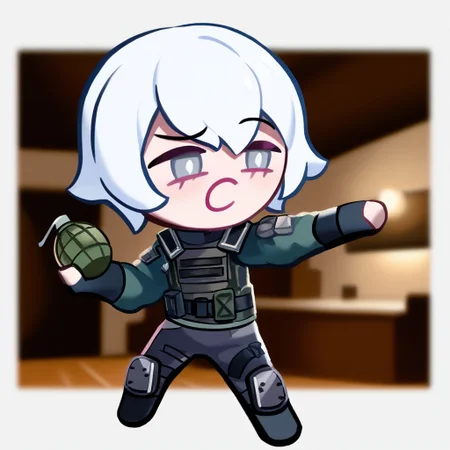 score_9, score_8_up, score_7_up, cel shading, fca style, score_9, score_8_up, score_7_up, score_6_up, score_5_up, score_4_up, masterpiece, good quality, best quality, 2d, anime, lana, lana \(Rainbow Six Siege\), bodysuit, armor, fingerless gloves, gloves, pants, knee pads, white hair, grey eyes, indoors, Cafe background, holding a grenade, crk1styl111