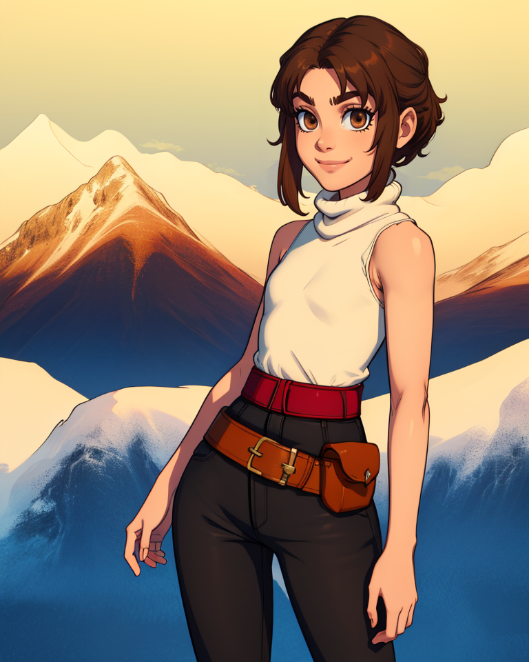 Toan,brown hair,brown eyes,light smile,flat chest,
white turtleneck,sleeveless,black pants,belt,
small village,mountains,
(insanely detailed, masterpiece, best quality),<lora:Toan-11DCv9:0.8>,