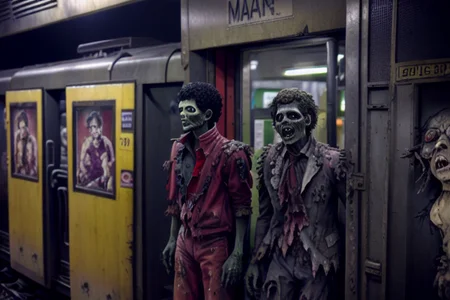 mjthriller zombies waiting for a train in a metro subway station, intricate detail, detailed face, very sharp, high quality, professional photography  <lora:hjmjthriller_v10:0.8>