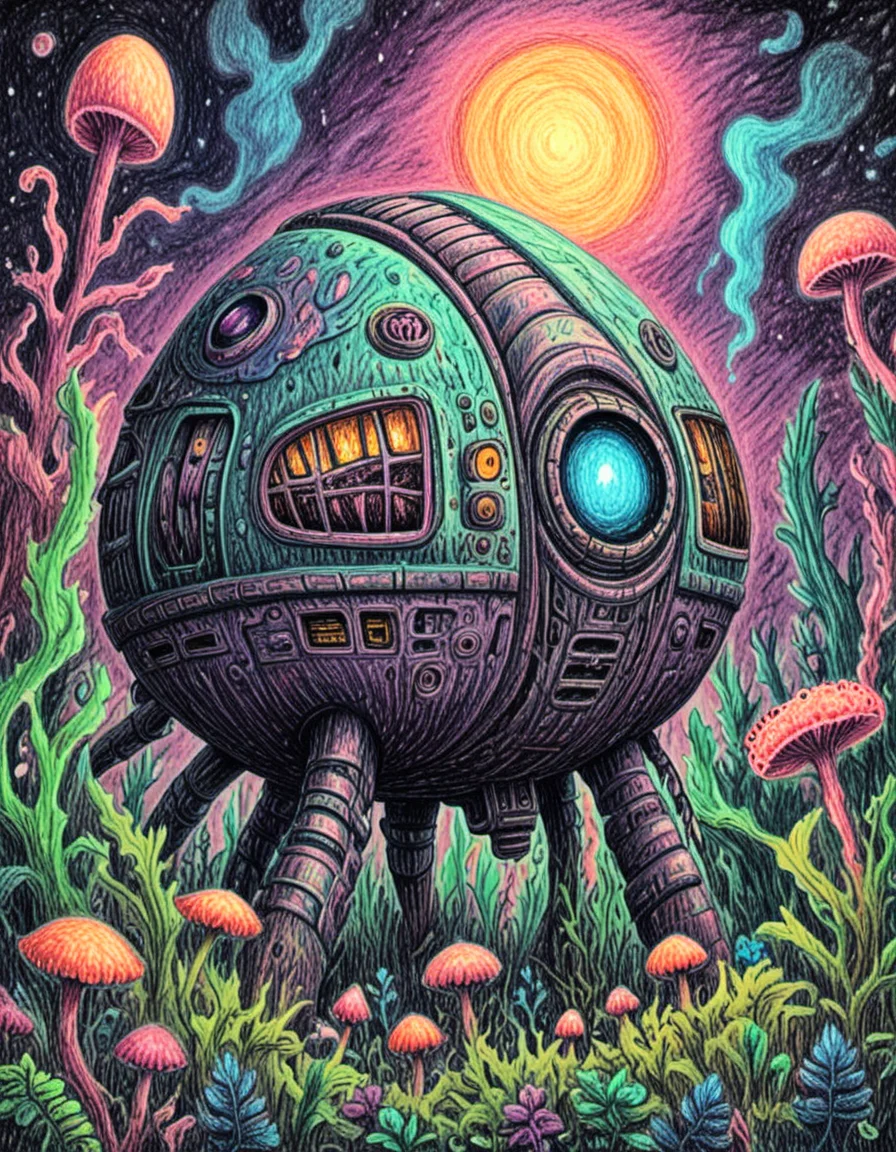 novuschroma72 style finding an abandoned spaceship overgrown with alien flora crayon drawing <lora:novuschroma72 style:1>, <lora:sdxl_lightning_8step_lora:1>