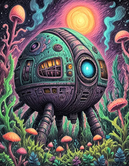 novuschroma72 style finding an abandoned spaceship overgrown with alien flora crayon drawing <lora:novuschroma72 style:1>, <lora:sdxl_lightning_8step_lora:1>