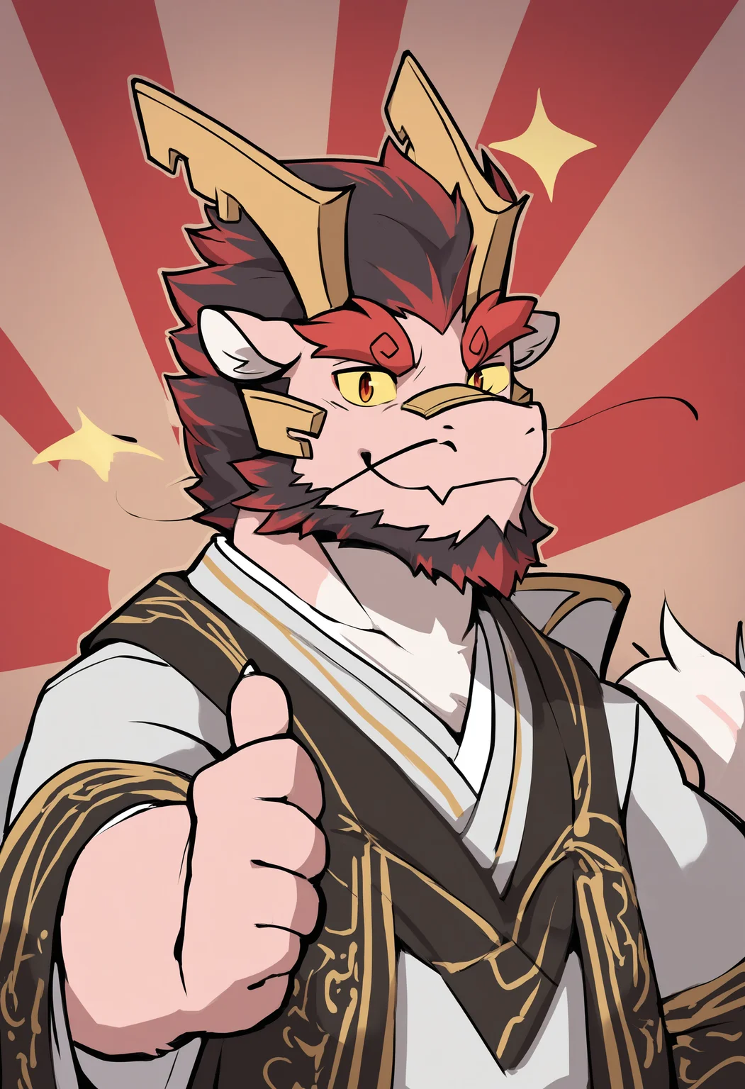masterpiece, best quality, dragon boy, multicolored hair, yellow sclera, <lora:Tarjumdad-NOOB-0524-000200:1> Tarjumdad, 1boy, male focus, facial hair, beard, solo, horns, full beard, huge eyebrows, chibi, dragon boy, bara, colored sclera, sparkle, furry, dragon horns, furry male, short hair, thick eyebrows, sunburst, pointing, looking at viewer, mature male, thumbs up, smile, thick beard, sunburst background, foreshortening, yellow sclera, chibi, meme