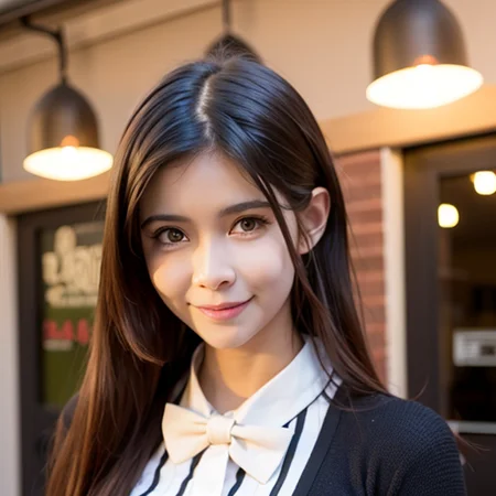 _gtll_, best quality, ultra high res, (8k, RAW photo, photorealistic:1.4), 1girl, (8k, RAW photo, best quality, masterpiece:1.2), (realistic, photo-realistic:1.37), ultra-detailed, 1 girl, solo, cute,beautiful detailed sky,detailed 0.74cafe,night,standing,dating,(nose blush),(smile:1.1),(closed mouth) medium breasts,beautiful detailed eyes, bowtie, long hair, legs, sweater, <lora:goutouLora_v25:1>
